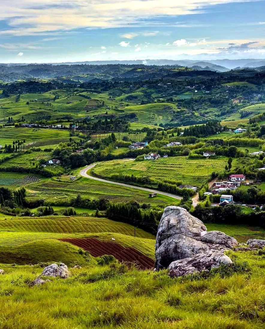 Green terraced hills and a village near Smit, seat of the Khasi kingdom